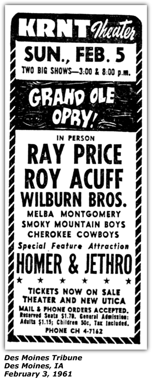 Promo Ad - KRNT Theatre - Des Moines, IA - Roy Acuff - Wilburn Brothers - Melba Montgomery - Smokey Mountain Boys - HOmer and Jethro - Ray Price - February 1961
