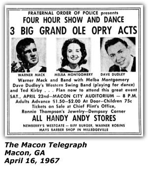 Promo Ad - Macon City Auditorium - Warner Mack - Dave Dudley - Melba Montgomery - April 1967