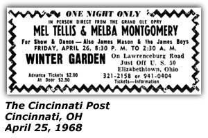 Promo Ad - Winter Garden - Cincinnati, OH - Mel Tillis - Melba Montgomery - APril 1968