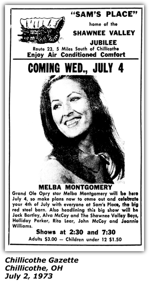 Promo Ad - Sam's Place - Chillicothe, OH - Melba Montgomery - July 1973