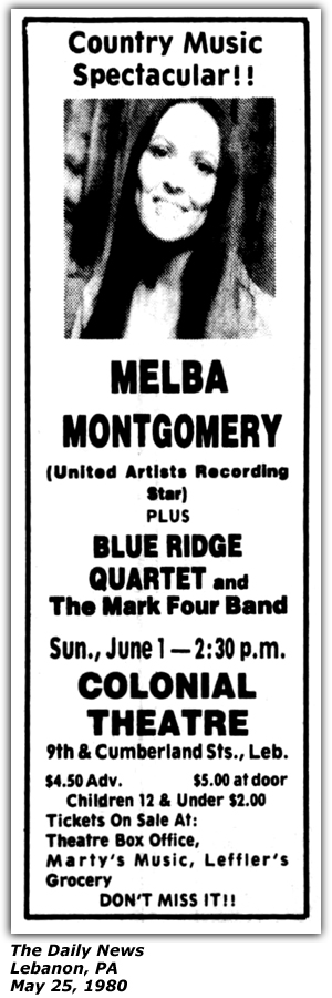 Promo Ad - Colonial Theatre - Lebanon, PA - Melba Montgomery - Blue Ridge Quartet - May 1980