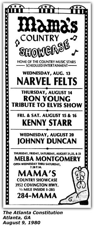 Promo Ad - Mama's COuntry Showcase - Melba Montgomery - Atlanta, GA - August 1980