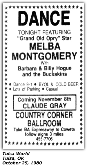 Promo Ad - Country Corner Ballroom - Coweta, OK - Melba Montgomery - October 1980
