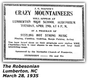 Promo Ad - Lumberton High School Auditorium - Lumberton, NC - J. E. Mainer's Crazy Mountaineers - March 1935