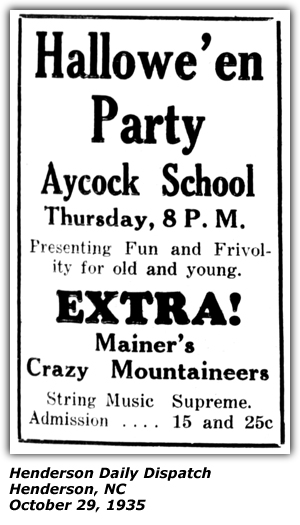Promo Ad - Halloween Party - Aycock School - Henderson, NC - Mainer's Crazy Mountaineers - October 1935