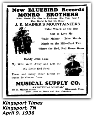 Promo Ad - Bluebird Records - J. E. Mainer's Mountaineers - Musical Supply Co. - Kingsport, TN - April 1936
