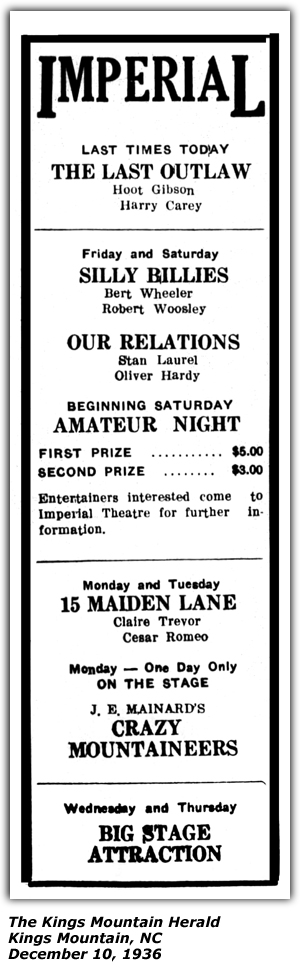 Promo Ad - Imperial Theatre - J. E. Mainard's (Mainer's) Crazy Mountaineers - Kings Mountain, NC - December 1936