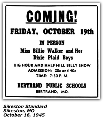 Promo Ad - Billie Walker and Her Dixie Plaid Boys - Bertrand MO - Oct 1945