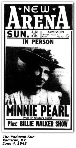 Promo Ad - Billie Walker and her Band - Minnie Pearl - Paducah KY - June 4 1948