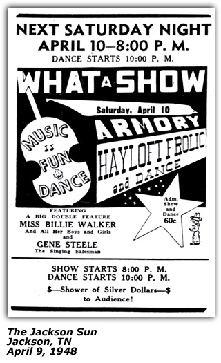 Promo Ad - Hayloft Frolic and Barn Dance - Jackson TN - Miss Billie Walker - April 1949