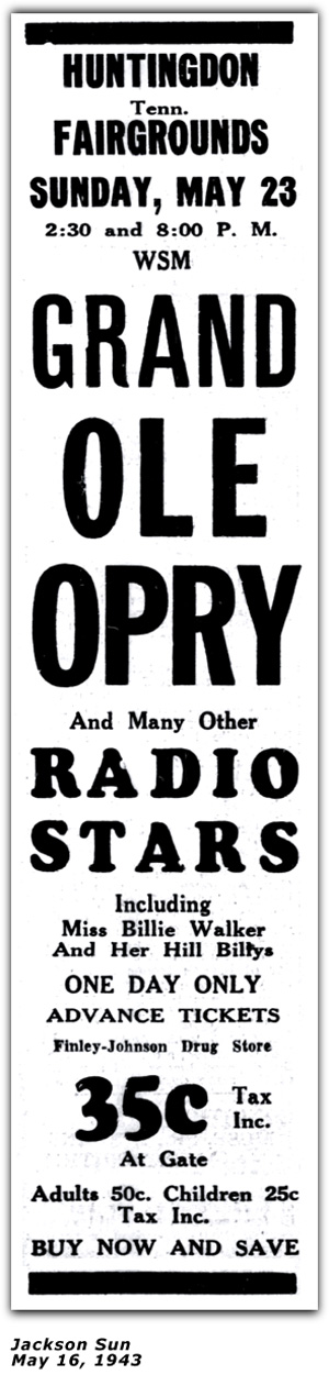Billie Walker - Ad - Grand Ole Opry Show - May 16, 1943