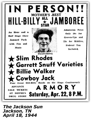 Promo Ad - Mother's Best Hillbilly All Star Jamboree - Jackson TN - Miss Billie Walker - April 1944