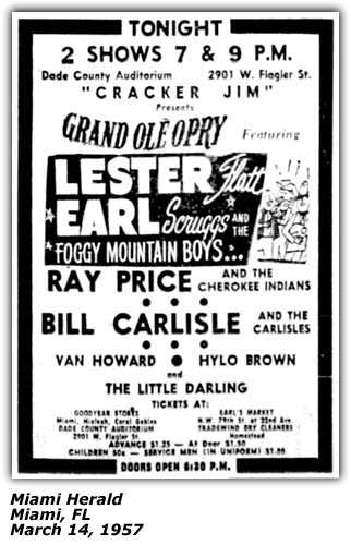 Promo Ad - Dade County Auditorium - Miami, FL - Lester Flatt and Earl Scruggs - Ray Price - Bill Carlisle - Hylo Brown - Van Howard - March 1957