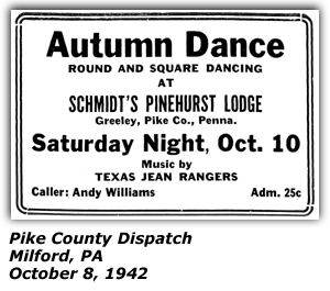 Promo Ad - Autumn Dance - Schmidt's Pinehurst Lodge - Greeley, PA - Texas Jean Valli - October 1942