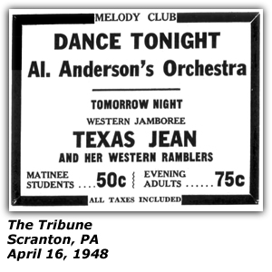 Promo Ad - Melody Club - Al Anderson's Orchestra - Texas Jean and her Western Ramblers - April 16, 1948