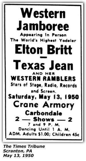 Promo Ad - Western Jamboree - Crane Armory - Carbondale, PA - Elton Britt - Texas Jean and her Western Ramblers - May 1950