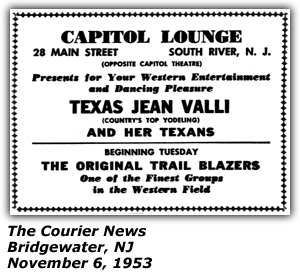 Promo Ad - Capitol Lounge - South River, NJ - Texas Jean Valli and her Texans - November 1953
