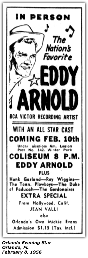 Promo Ad - Coliseum - Orlando, FL - Eddy Arnold - Hank Garland - Roy Wiggins - Tennessee Plowboys - Duke of Paducah - The Gordonaires - Jean Valli - February 1956