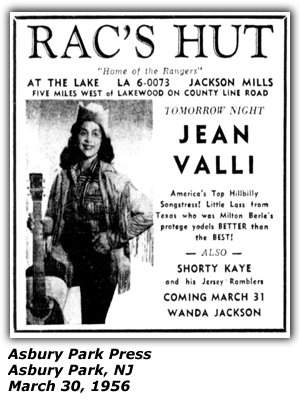 Promo Ad - Rac's Hut - Asbury Park, NY - Jean Valli - March 1956