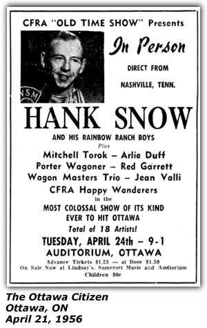 Promo Ad - Auditorium - Ottawa, ON - CFRA Old Time Show - Hank Snow - Mitchell Torok - Arlie Duff - Porter Wagoner - Red Garrett - Jean Valli - APril 1956