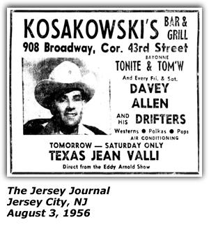 Promo Ad - Kosakowski's - Jersey City, NJ - Davey Allen and his Drifters - Texas Jean Valli - August 1956