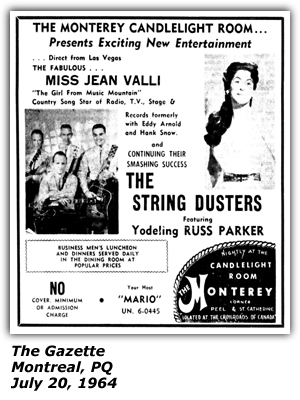 Promo Ad - The Monterey Candlelight Room - Montreal, PQ Canada - The String Dusters - Yodeling Russ Parker - Texas Jean Valli - July 1964