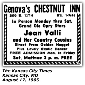 Promo Ad - Genova's Chestnut Inn - Kansas City< MO - Jean Valli and her Country Cousins - August 1965