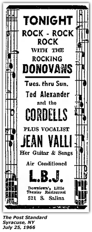Promo Ad - L.B.J. - Syracuse, NY - Rocking Donovans - Ted Alexander and the Cordells - Jean Valli - July 1966 