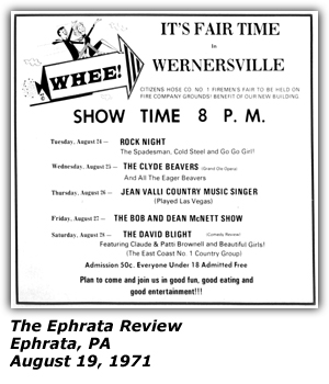Promo Ad - Wernersville, PA - Clyde Beavers - Jean Valli - Bob and Dean McNett - August 1971