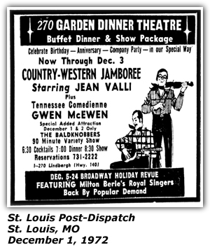 Promo Ad - Garden Dinner Theatre - St. Louis, MO - Jean Valli - Gwen McEwen - The Baldknobbers - December 1972