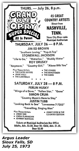 Promo Ad - Municipal Auditorium - Sioux Falls, SD - Jim Ed Brown - Stonewall Jackson - Roy Drusky - Jean Valli - The Cates Sisters - July 1973