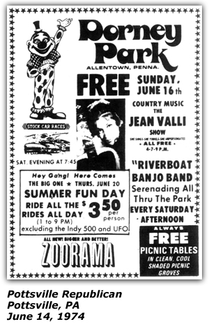 Promo Ad - Dorney Park - Allentown, PA - Jean Valli  June 1974