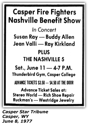Promo Ad - Casper (WY) Fire Fighters Nashville Benefit Show - Casper College - Susan Ray - Buddy Allen - Jean Valli - Ray Kirkland 0 June 1977 1965 