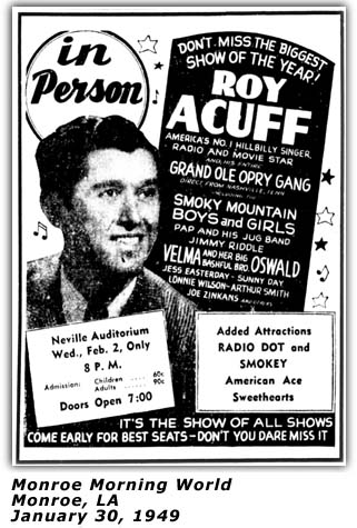 Promo Ad - Roy Acuff - Radio Dot and Smokey - Monroe LA - 1949