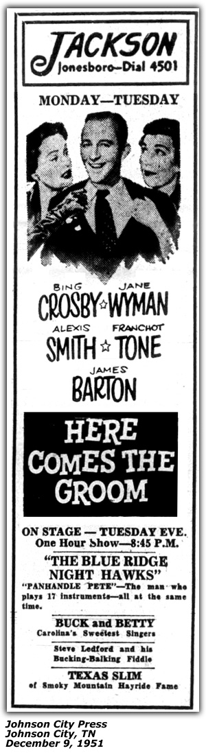Promo Ad - Jackson Theater - Johnson City, TN - Steve Ledford - Buck and Betty - Texas Slim - Panhandle Pete - Blue Ridge Nighthawks - December 1951