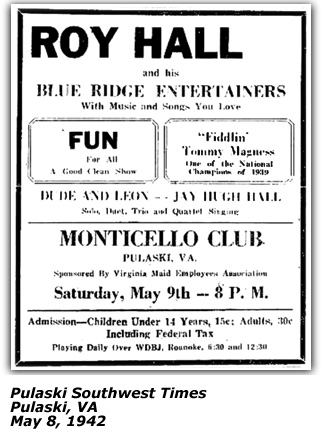 Promo Ad - Roy Hall and his Blue Ridge Entertainers - Pulaski VA - 1942