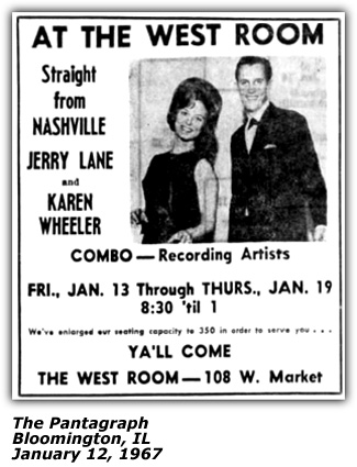 Promo Ad - Karen Wheeler and Jerry Lane - West Room - Bloomington IL - January 1967