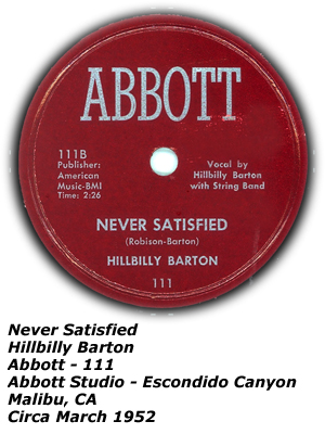Abbott Records 111 - Never Satisfied - Hillbilly Barton - March 1952