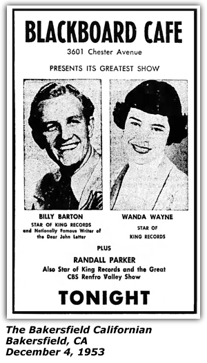 Promo Ad - Blackboard Cafe - Bakersfield, CA - Billy Barton - Wanda Wayne - December 1953