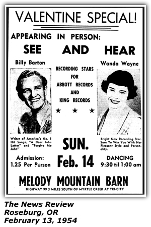 Promo Ad - Valentine Special - Melody Mountain Barn - Roseburg, OR - February 1954 - Billy Barton - Wanda Wayne