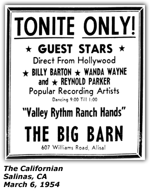 Promo Ad - The Big Barn - Salinas, CA - Billy Barton - Wanda Wayne - Reynold (Randall?) Parker - Valley Rhythm Ranch Hands - March 1954