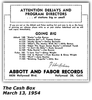 Promo Ad - The Cash Box - Abbott and Fabor Records - Billy Barton - March 1954