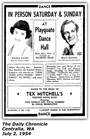 Promo Ad - Playquato Dance Hall - Centralia, WA - Wanda Wayne - Billy Barton - Tex Mitchell - July 1954