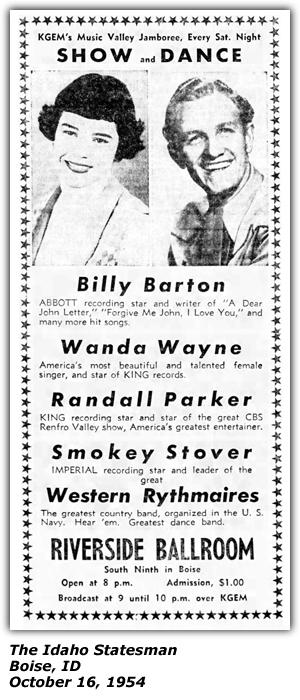 Promo Ad - Riverside Ballroom - Boise, ID - Billy Barton - Wanda Wayne - Randall Parker - Smokey Stover - Western Rhythmaires - October 1954
