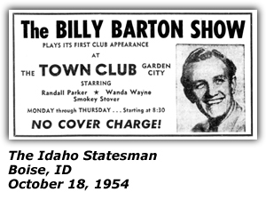 Promo Ad - Town Club - Garden City, ID - Billy Barton - October 1954