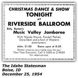 Promo Ad - Riverside Ballroom - Boise, ID - Music Valley Jamboree - Billy Barton - Wanda Wayne - Randall Parker - Dona Dean - December 25, 1954