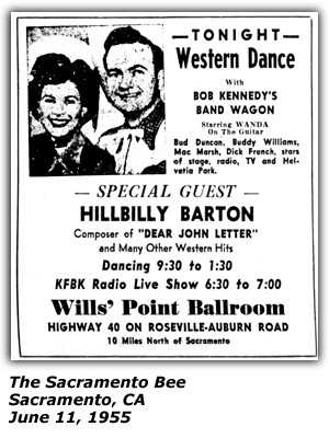 Promo Ad - Wills' Point Ballroom - Sacramento, CA - Bob Kennedy's Band Wagon - Hillbilly Barton - KFBK - June 1955