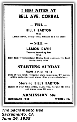 Promo Ad - Bell Avenue Corral - Sacramento, CA - Billy Barton - Lamon Davis - Billy Jack Westmoreland - Honky Tonk Johnson - June 1955