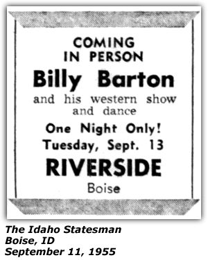 Promo Ad - Riverside - Boise, ID - Billy Barton - September 1955