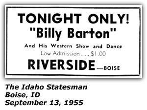 Promo Ad - Riverside Ballroom - Boise, ID - Billy Barton - September 1955
